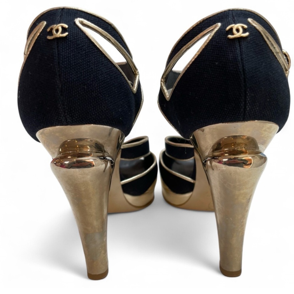 Chanel Gold Leather & Navy Peep-Toe Heels Size 7.5 - Picture 7 of 15